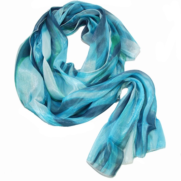 Turquoise Floow Long Scarf 50% Silk - Picture 1 of 3